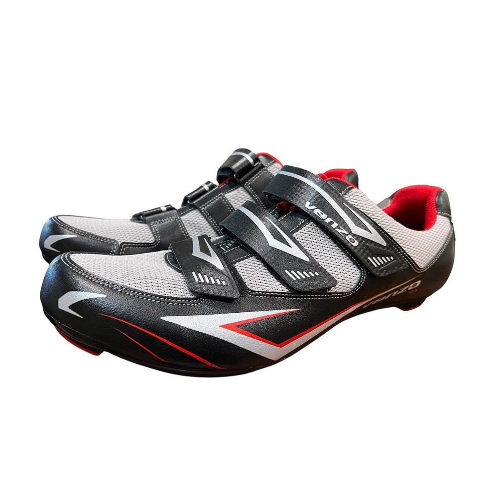 Venzo Bicycle Mens 3 Straps Road Cycling Riding Shoes  US 14  Gray / Black / Red